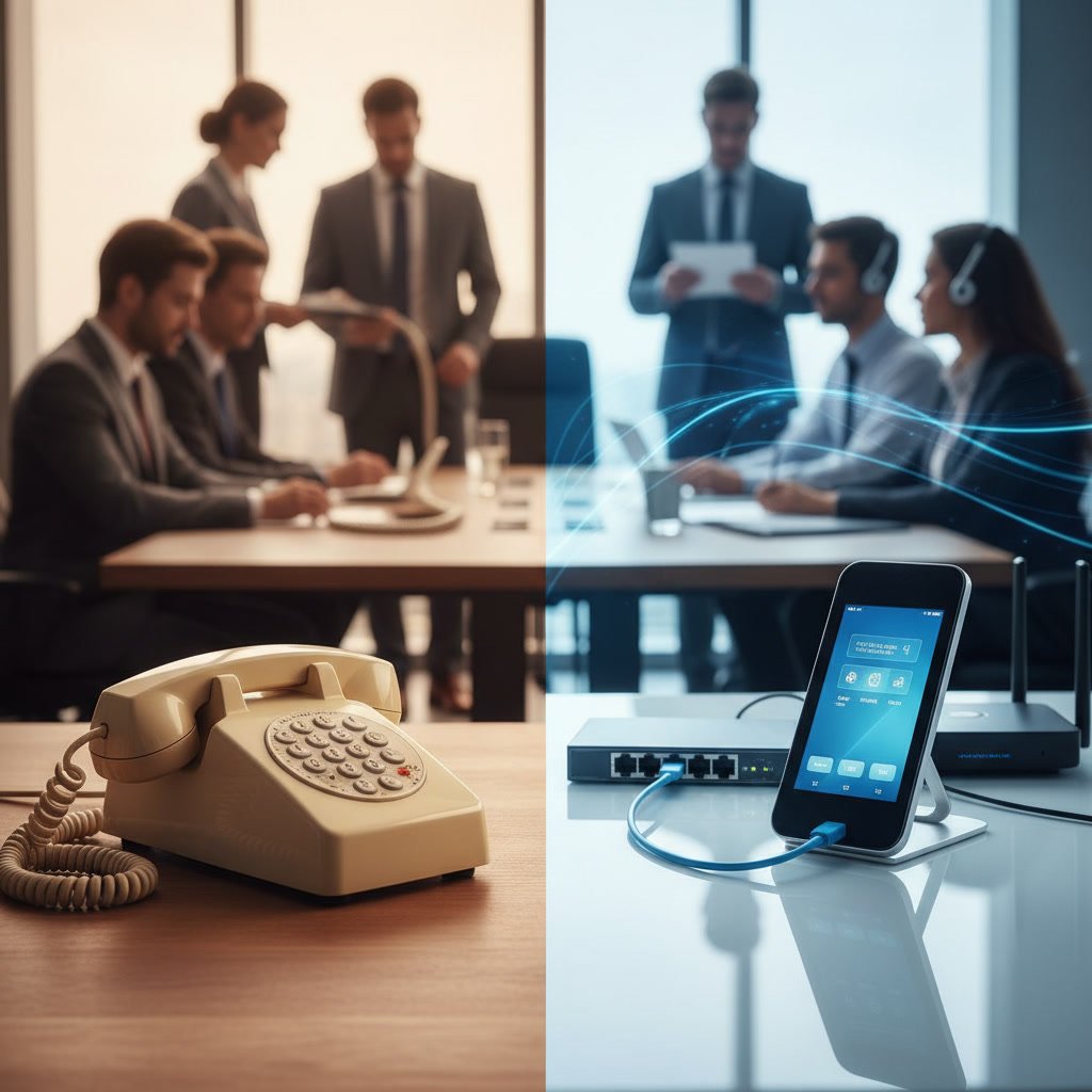Modern VoIP business phone system dashboard showing call analytics and team features