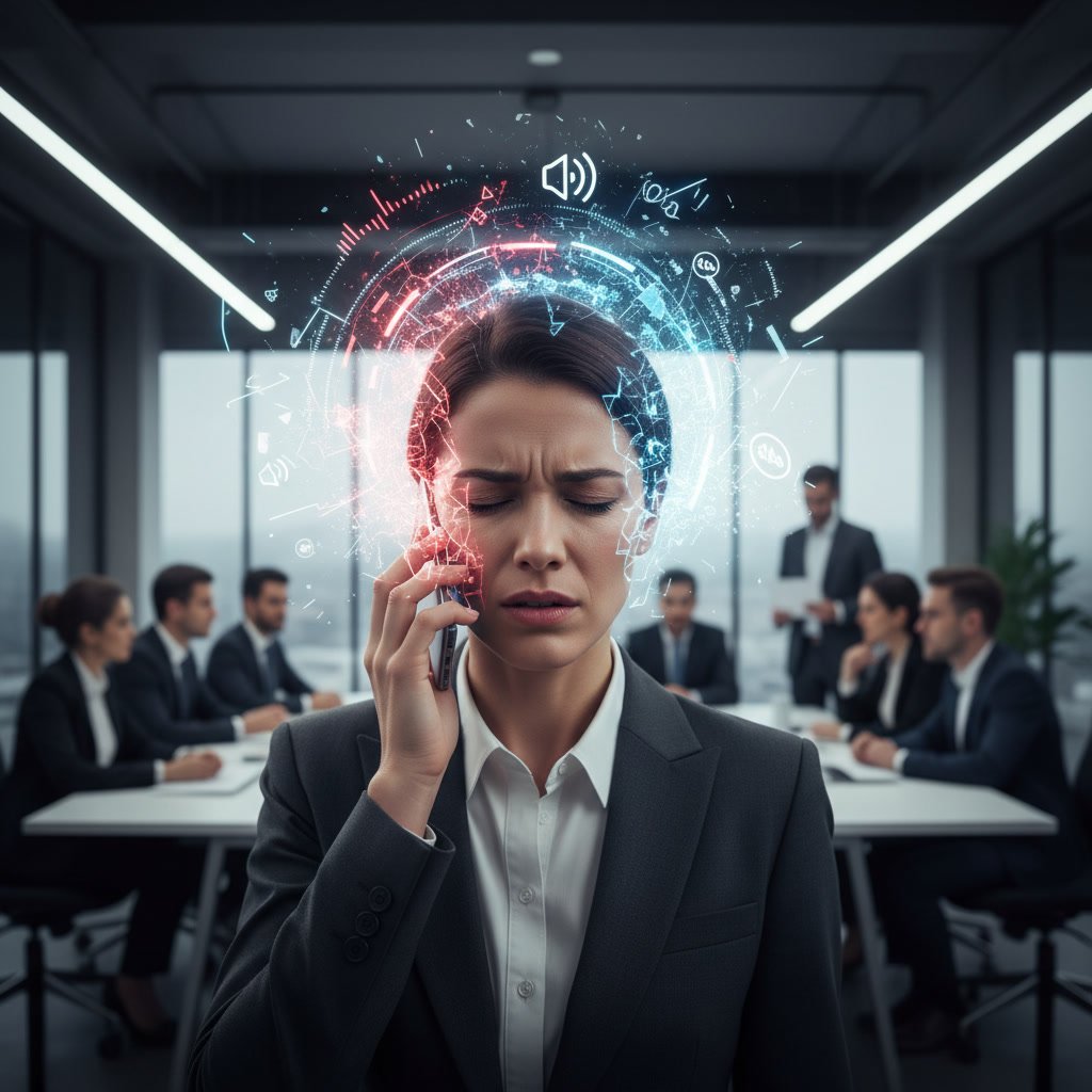 Business professional experiencing audio distortion during phone call