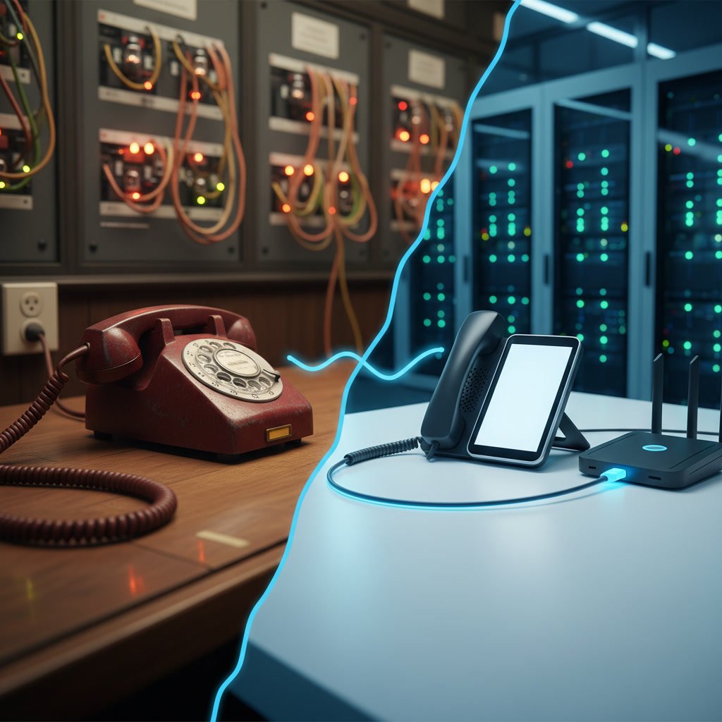 Comparison chart showing analog phone line versus VoIP system features and costs