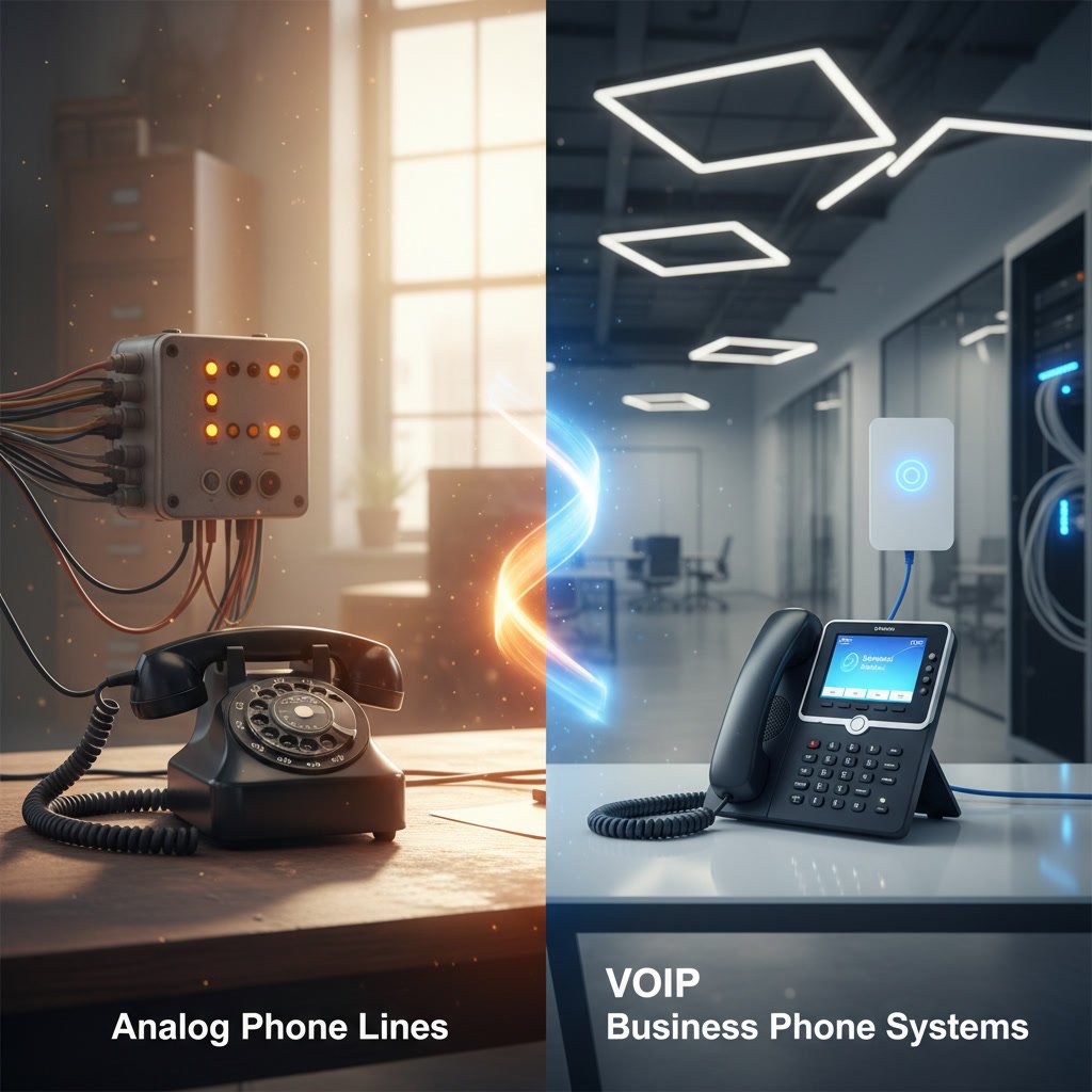 Business professional comparing analog phone and modern VoIP system in office setting