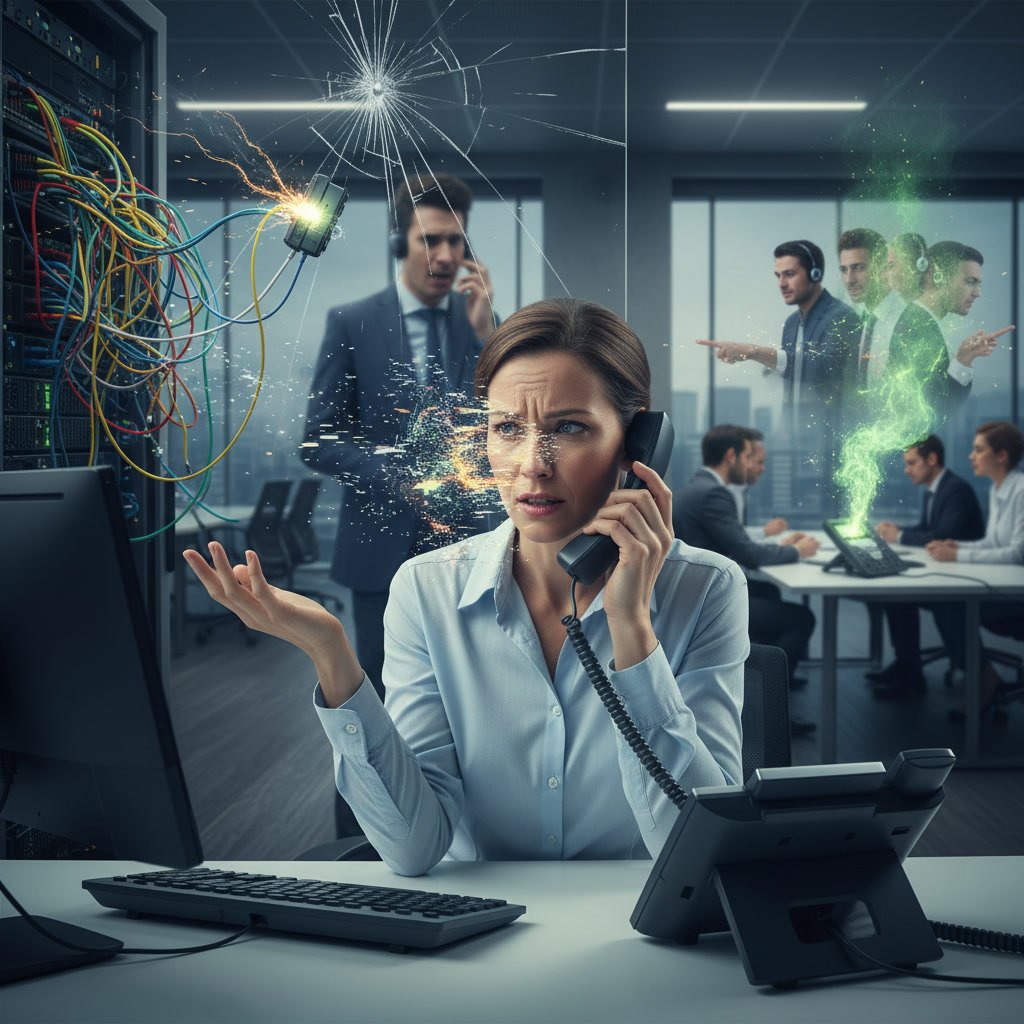 Business professional frustrated by poor phone call quality in modern office