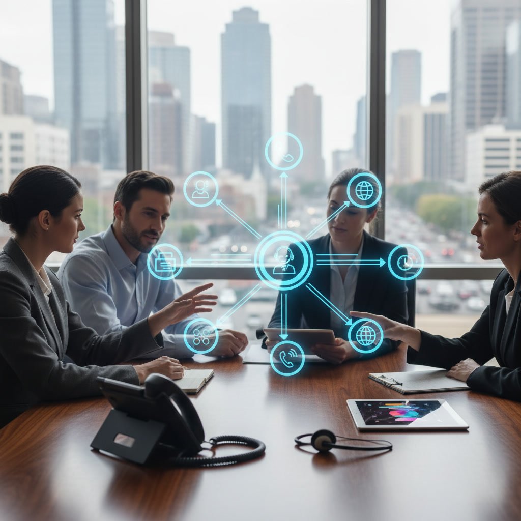 Business professional using modern phone system with call routing features