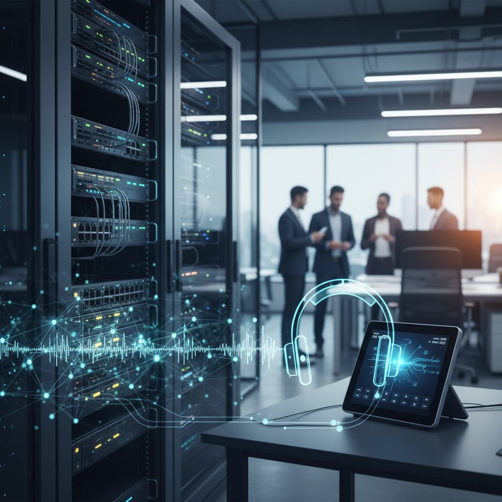 Business professional reviewing AI quality management analytics on multiple screens